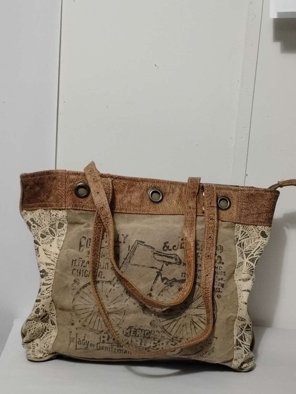 Canvas and Faux-Leather Tote Bag in Brown and Cream